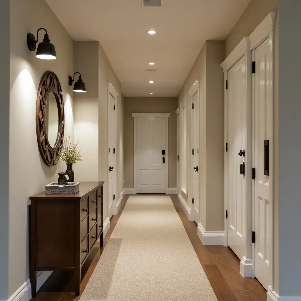 a photo of a basement hallway with farmhouse-themed lighting and decor