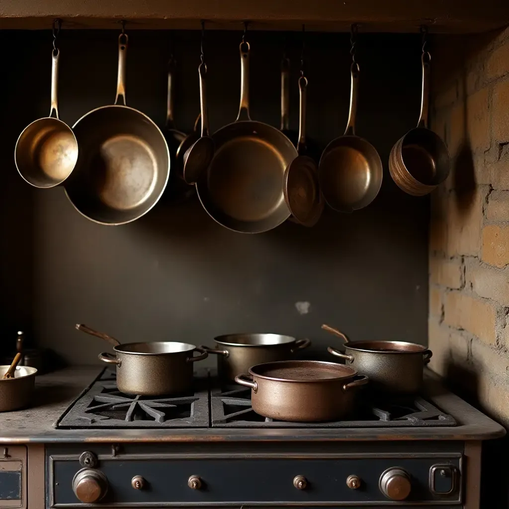 a photo of hanging pots and pans above a rustic stove