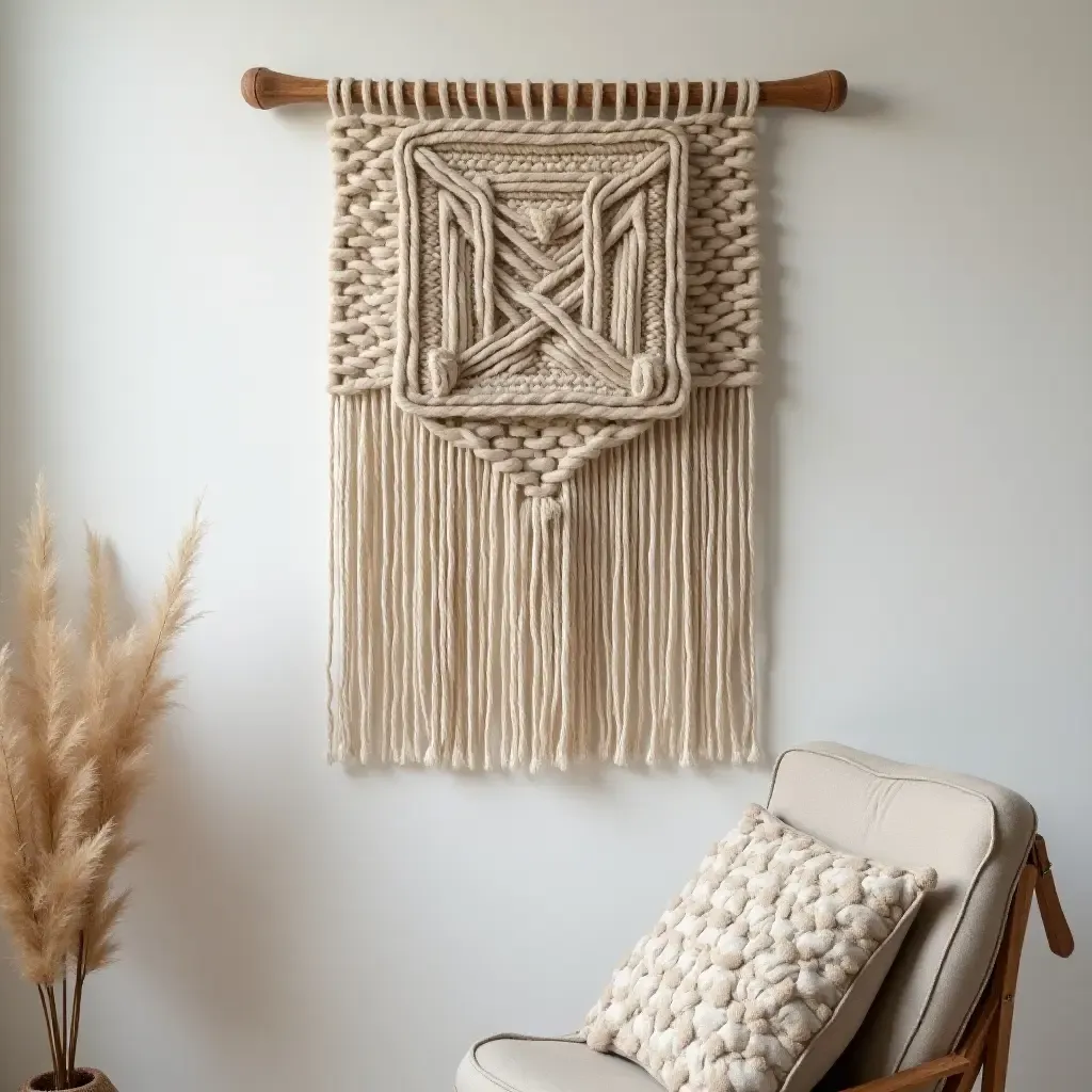 a photo of a layered textile wall hanging complementing a neutral color palette