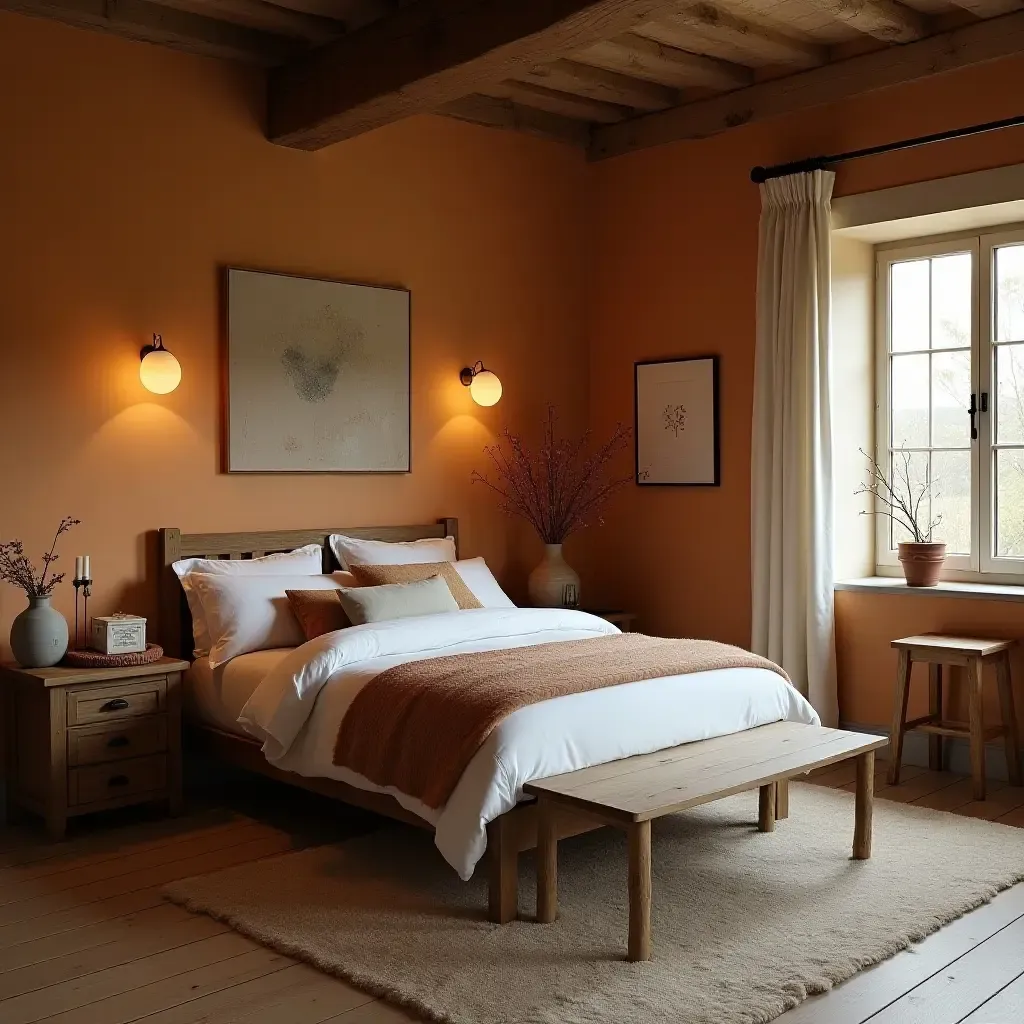 a photo of a rustic bedroom with a warm color palette and cozy accessories