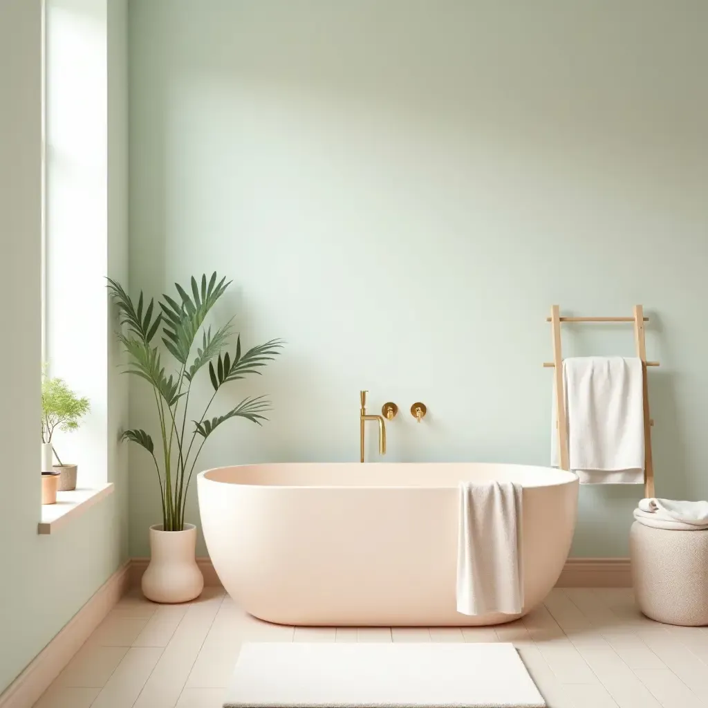 a photo of a bright and airy bathroom with pastel colors and natural elements