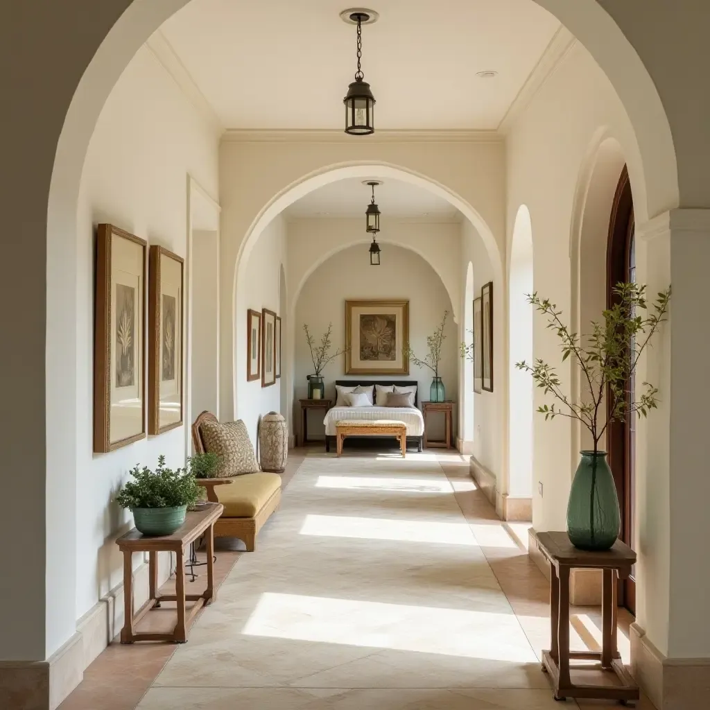 a photo of a Mediterranean-style hallway with a gallery of framed art