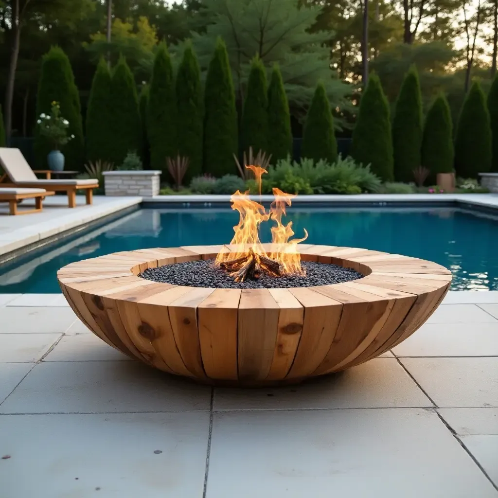 a photo of a wooden fire pit with seating around the pool