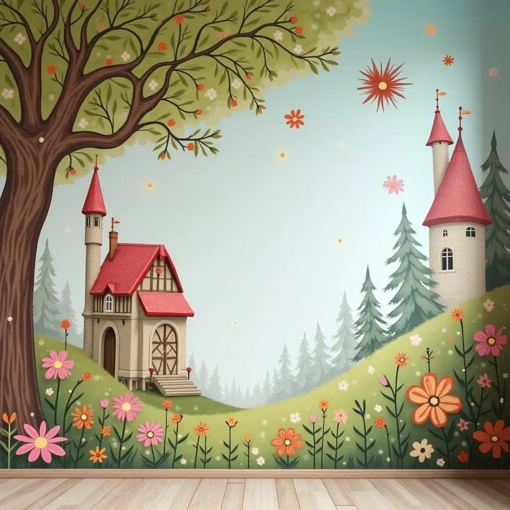 a photo of a whimsical fairy tale mural on the wall