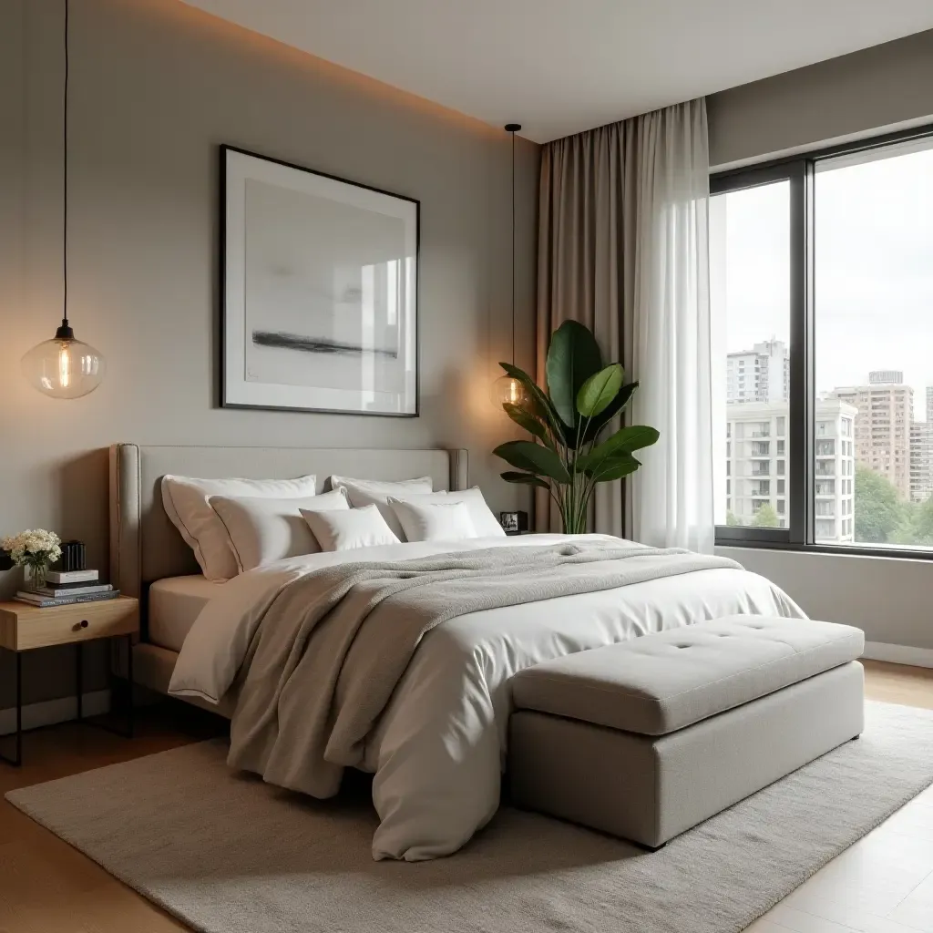 a photo of a modern bedroom with a foldable storage ottoman