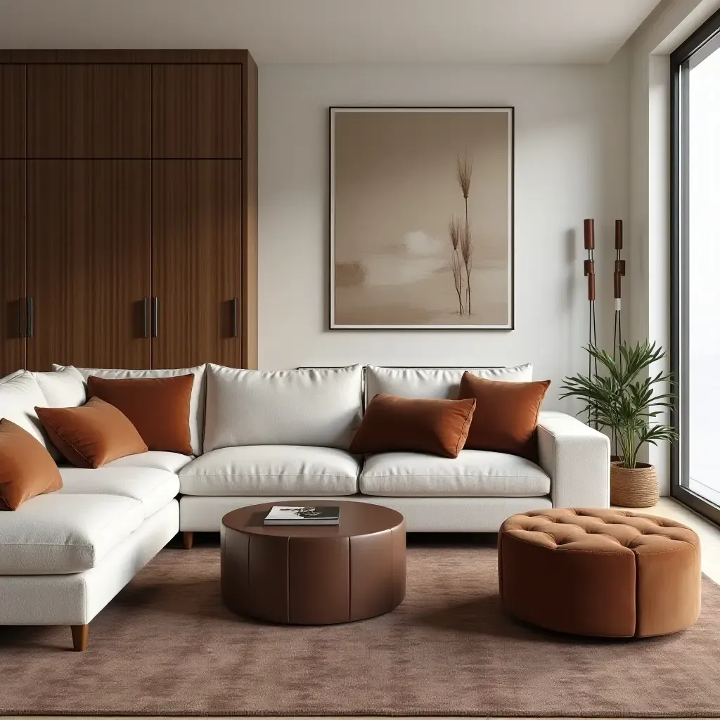 a photo of a balanced living room design using velvet cushions, wooden decor, and leather pieces