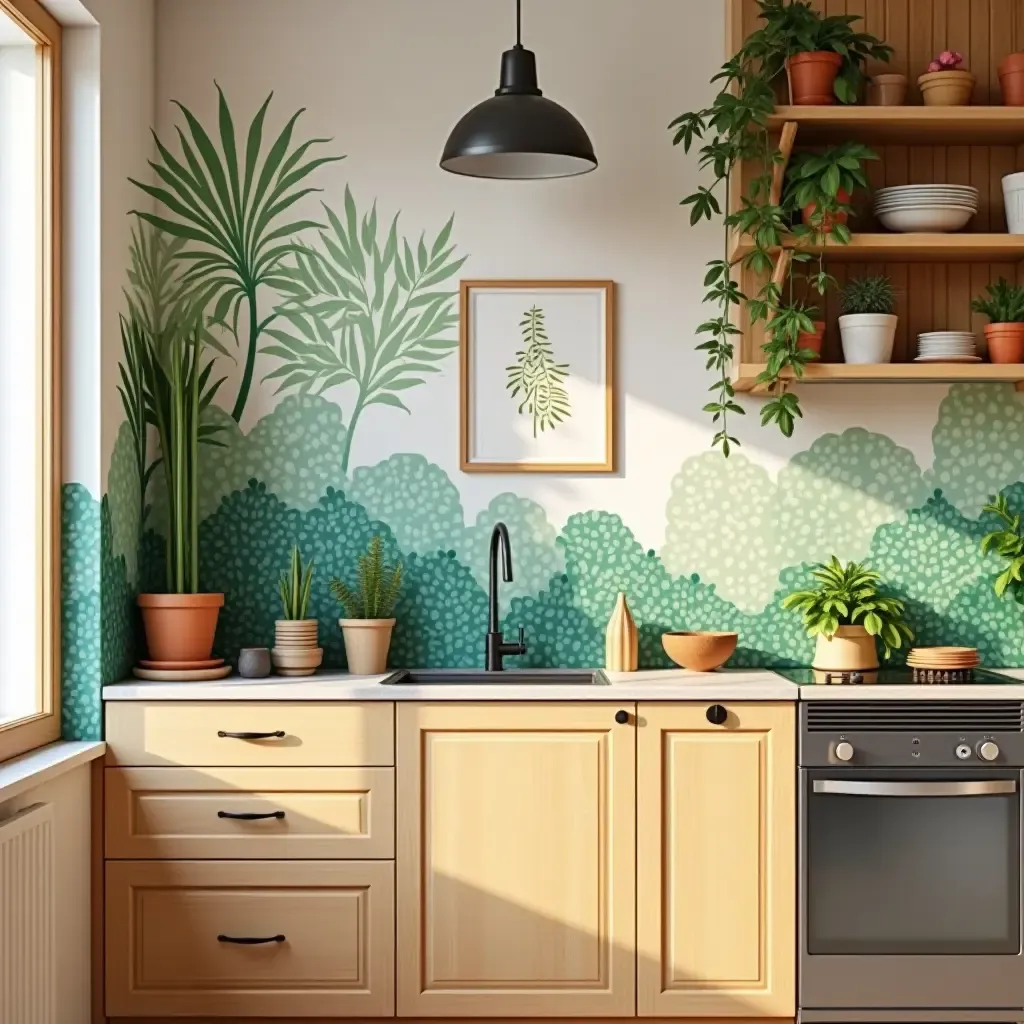 a photo of a vibrant kitchen with plant-themed wall art