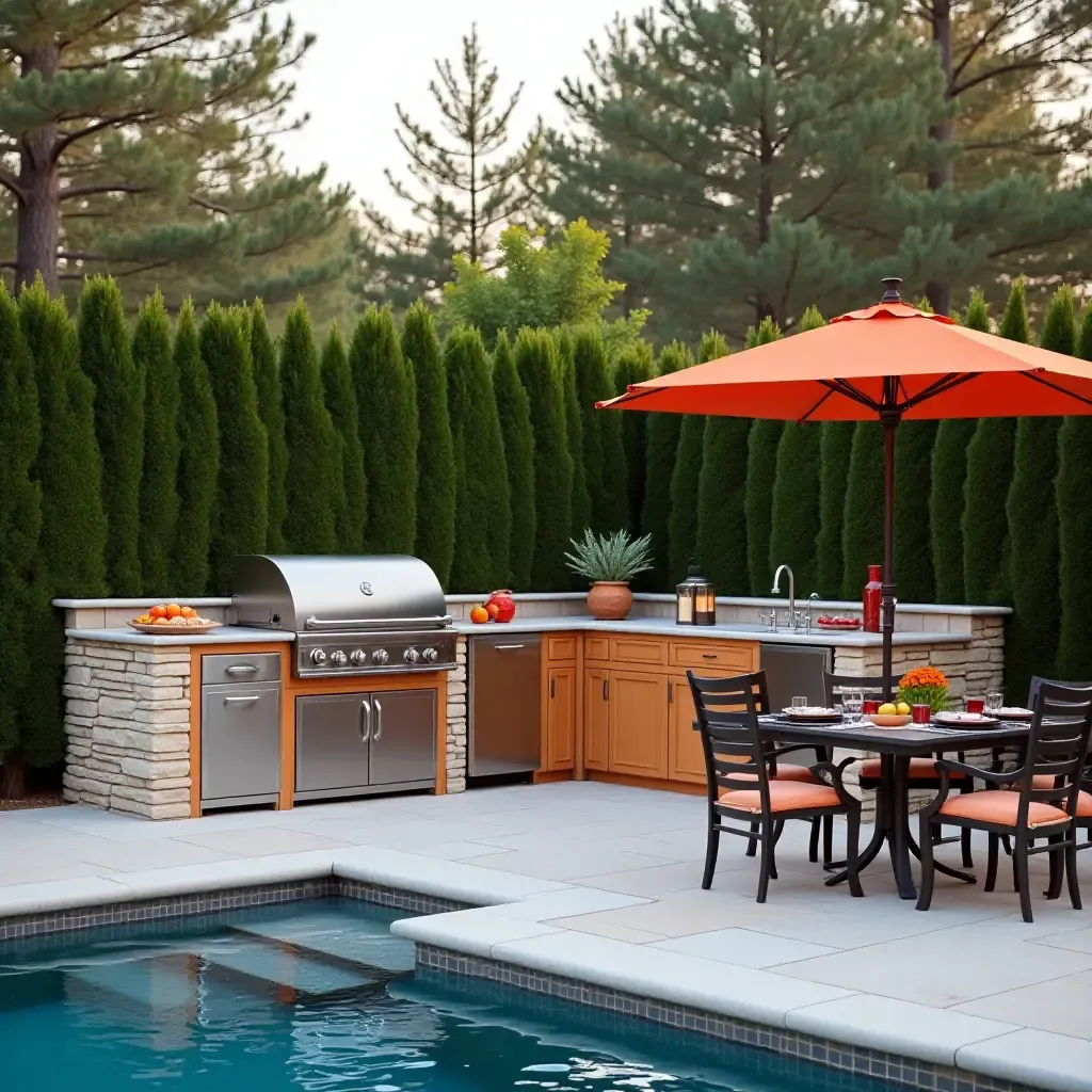 a photo of a vibrant outdoor kitchen setup next to the pool