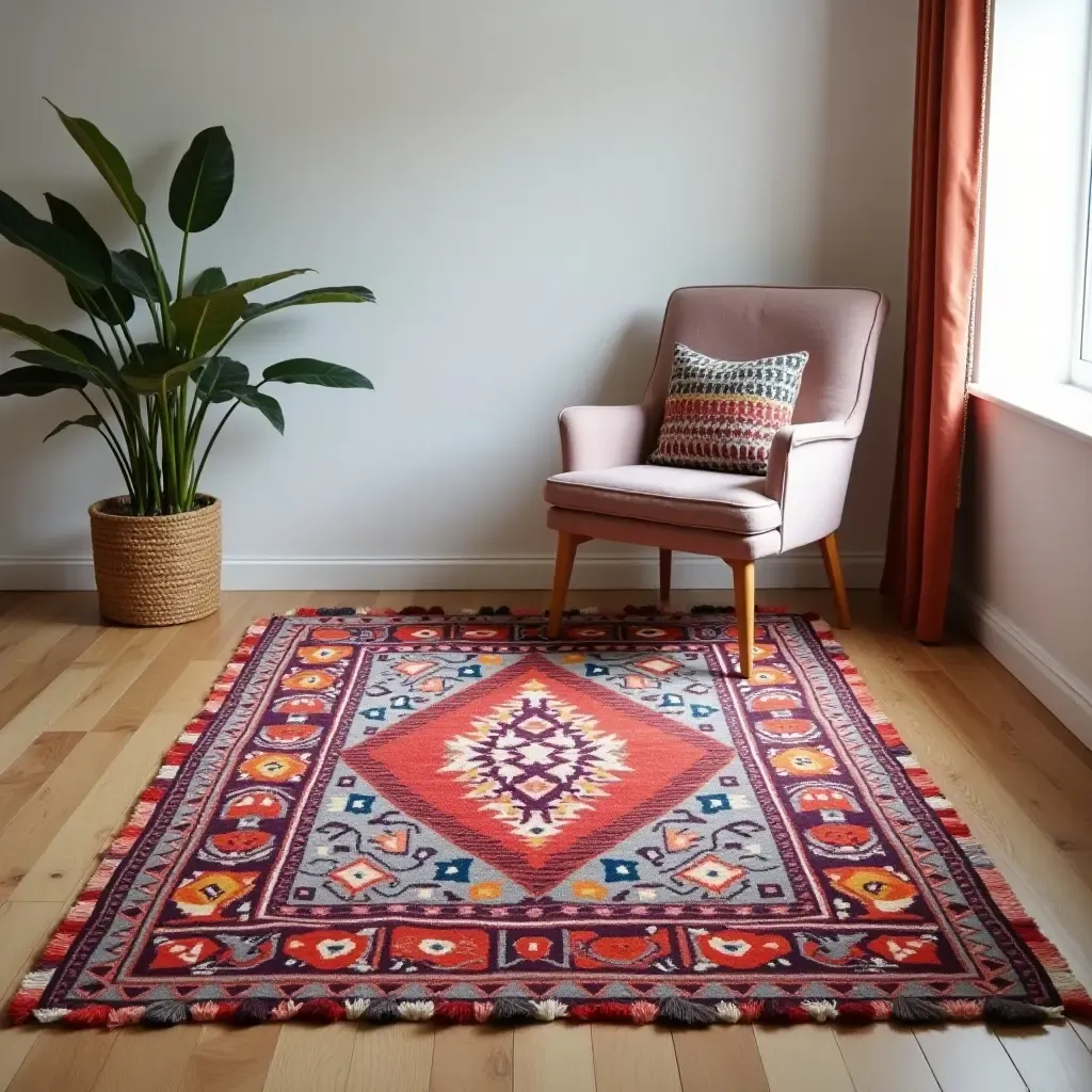 a photo of a vibrant bohemian rug with tassels in a chic room