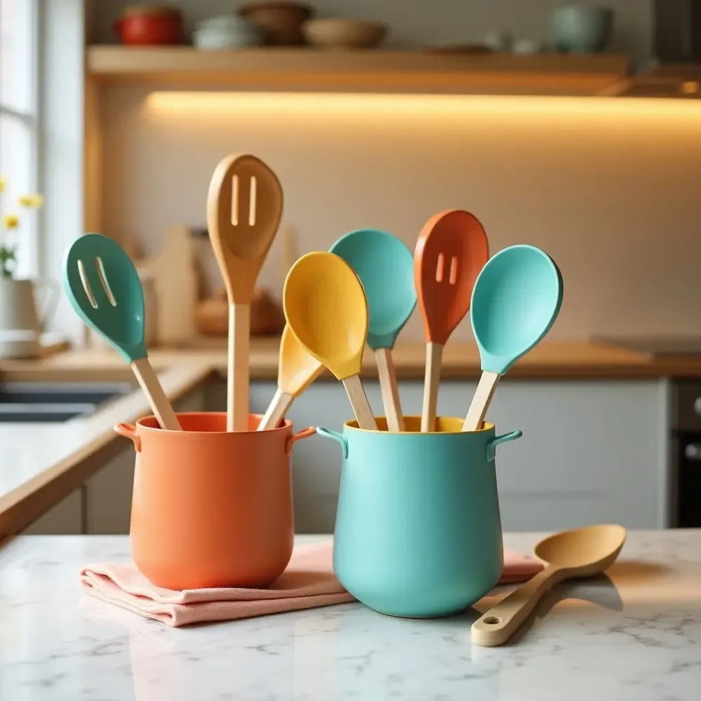 a photo of a countertop with creative use of color through kitchen utensils