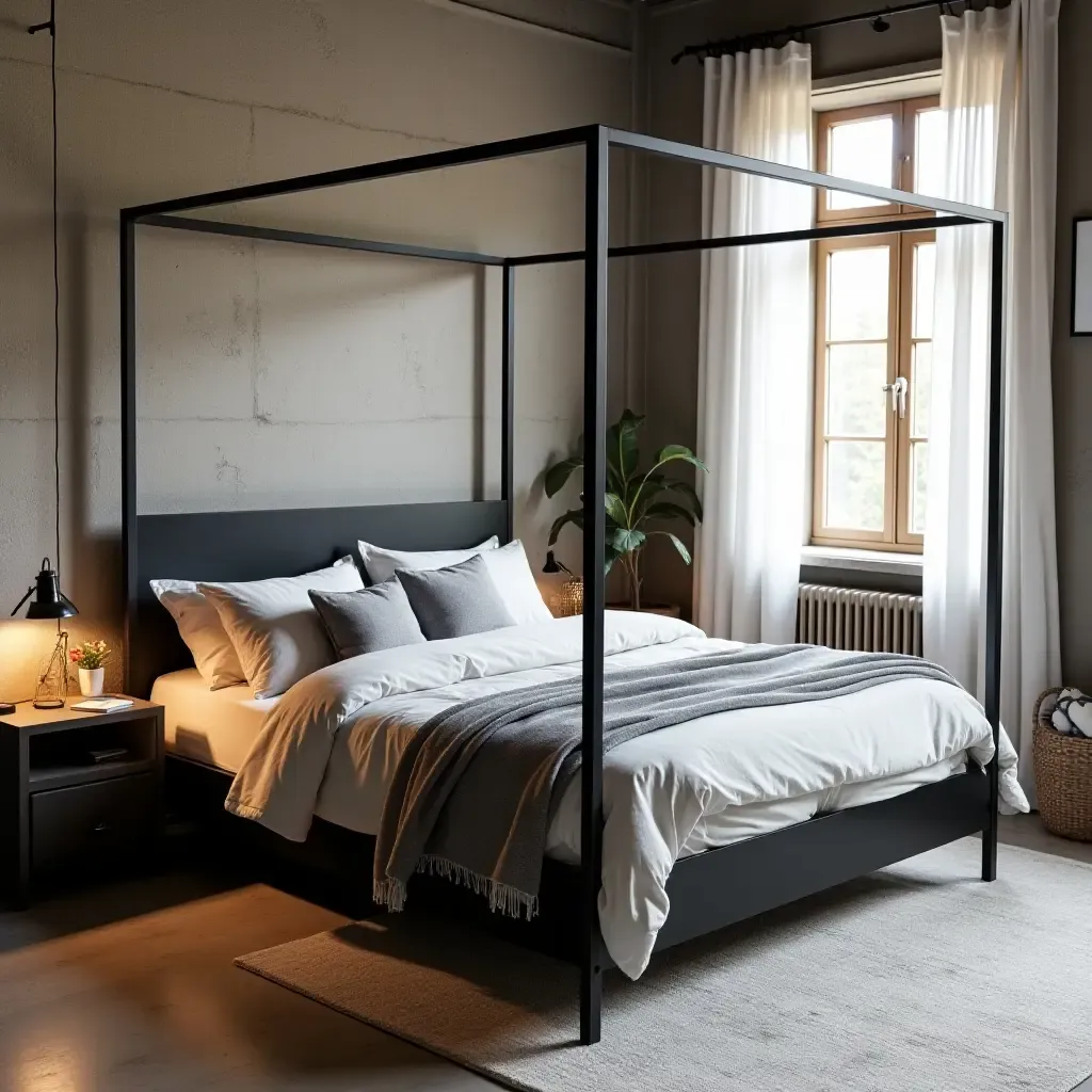 a photo of a chic black metal canopy bed in an industrial setting