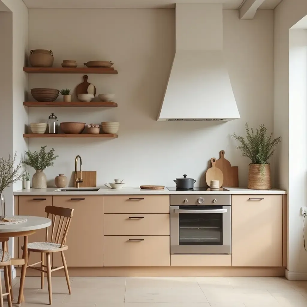 a photo of a minimalist boho kitchen with earth tones and handmade pottery