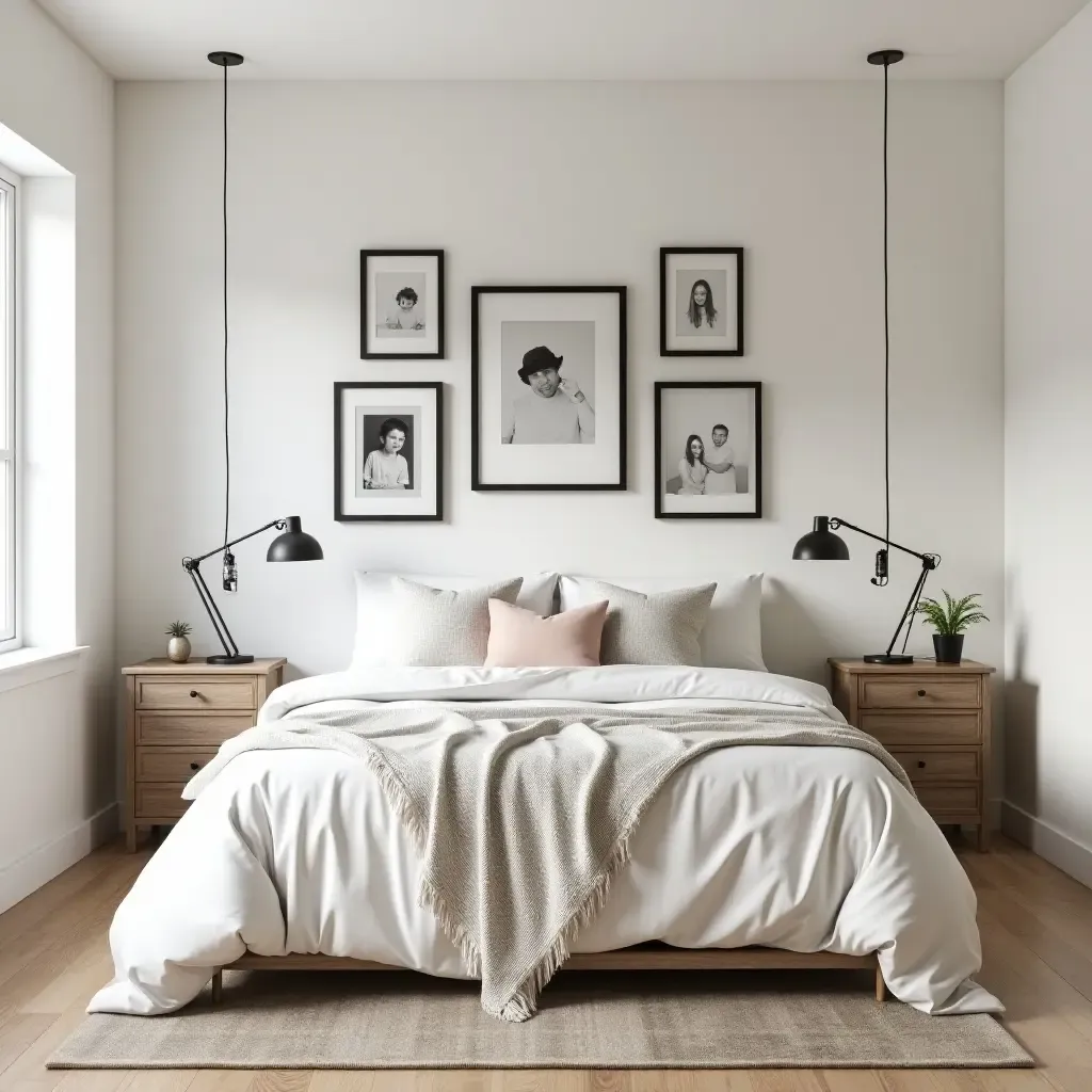 a photo of a farmhouse bedroom with a gallery wall of family photos