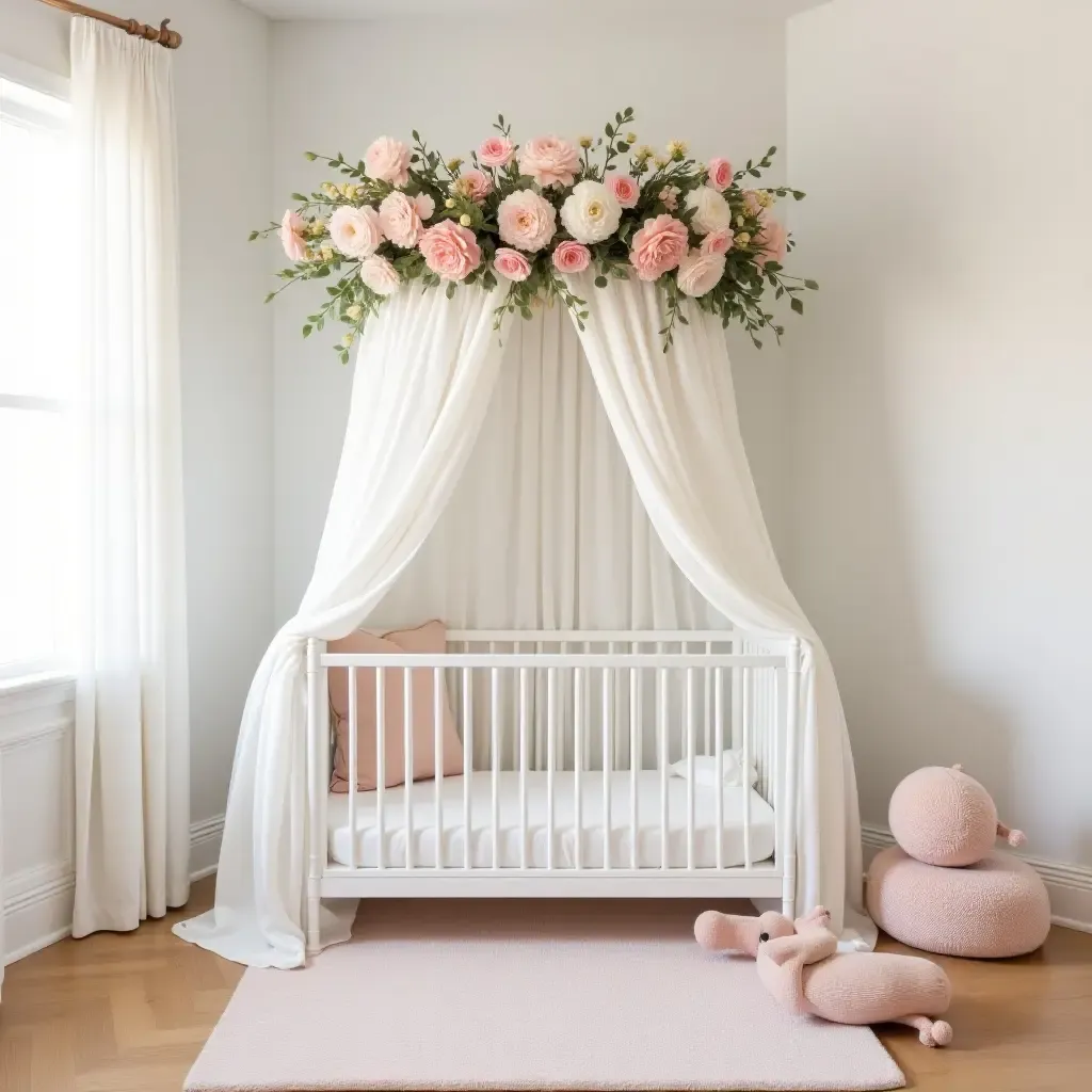 a photo of a whimsical nursery featuring a floral canopy for a crib