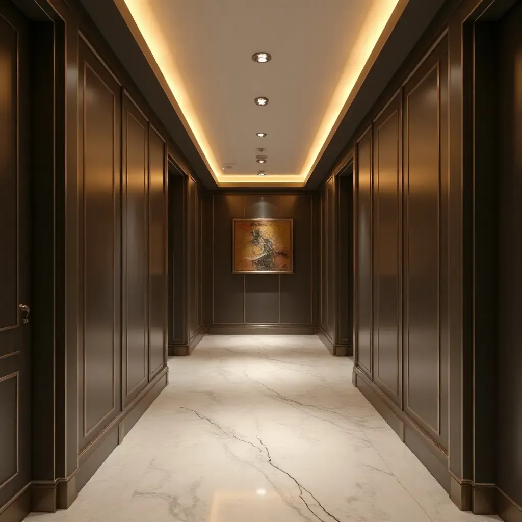 a photo of a stylish corridor with metallic trim and sophisticated artwork