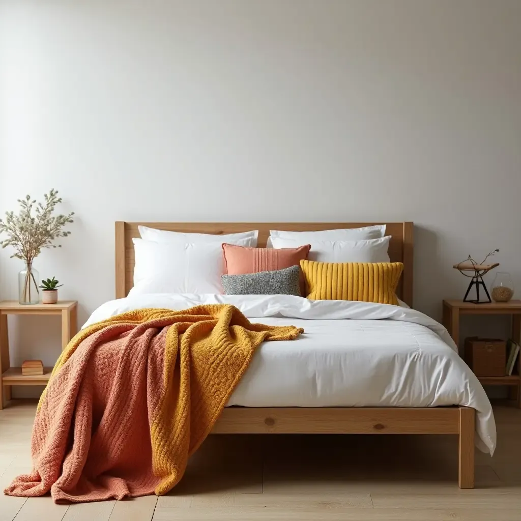 a photo of a wooden frame bed with colorful throw blankets