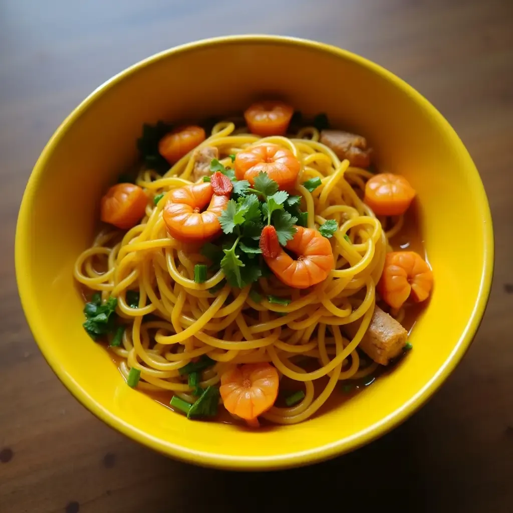 a photo of Mi Quang, turmeric noodles with shrimp, pork, and herbs, served in a vibrant bowl.