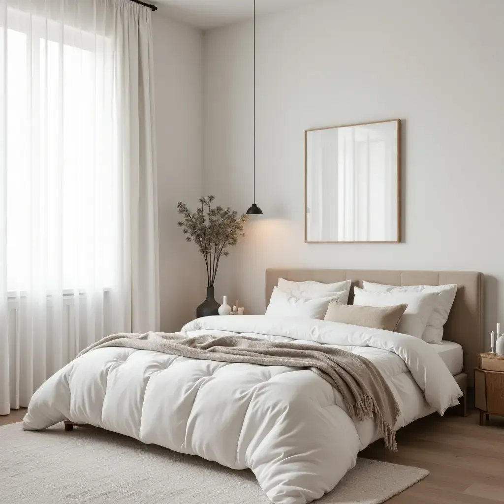 a photo of a serene Scandinavian bedroom with a neutral color palette and plush textiles