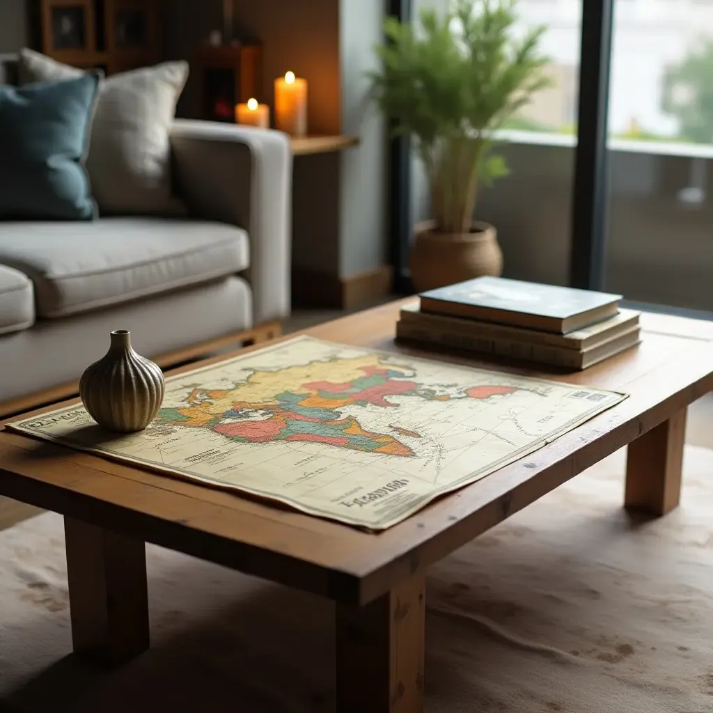 a photo of a coffee table with a vintage map and travel-related decor