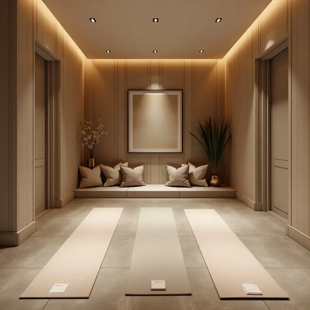 a photo of a chic basement yoga area with elegant mats and calming decor