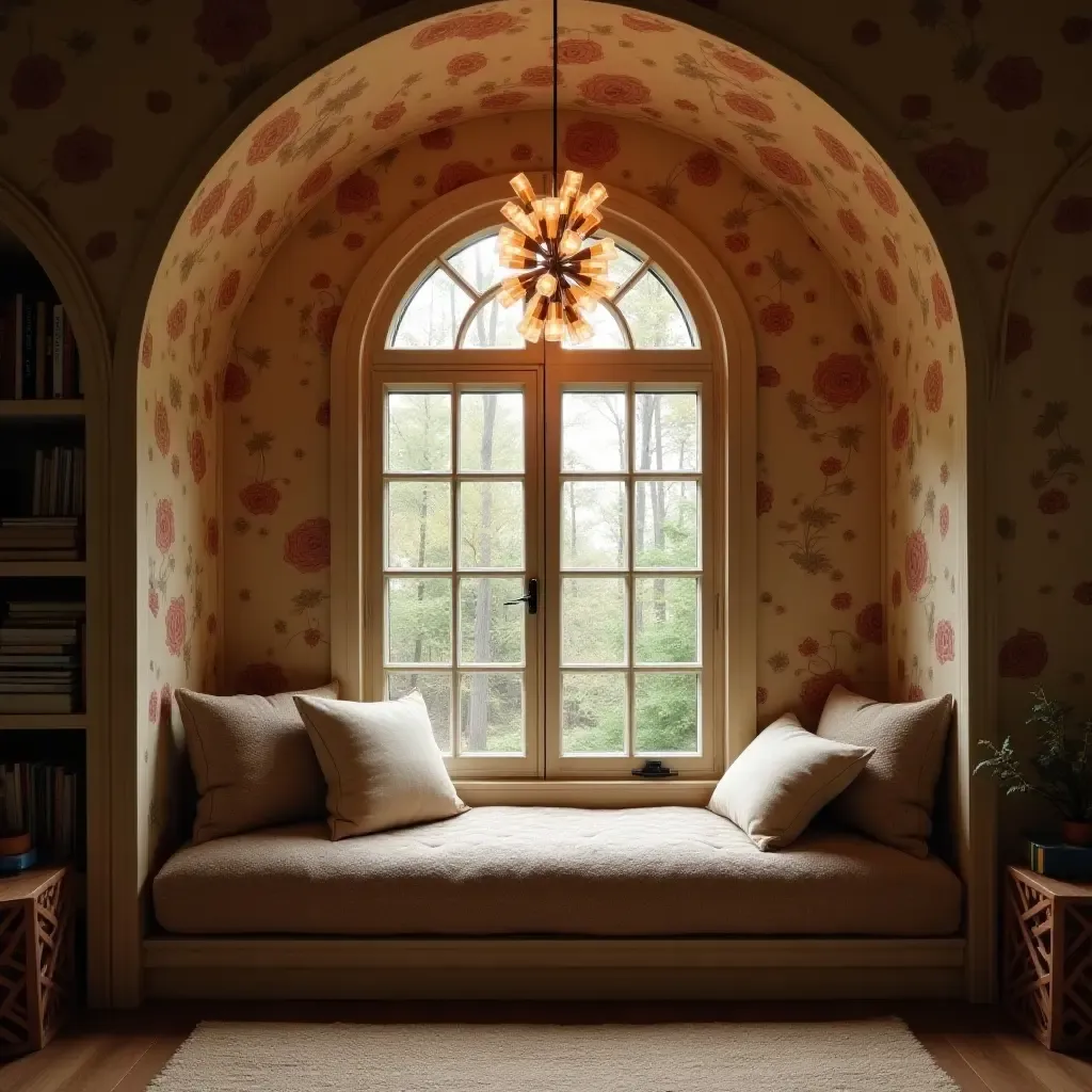 a photo of a reading nook featuring a unique light fixture and decor