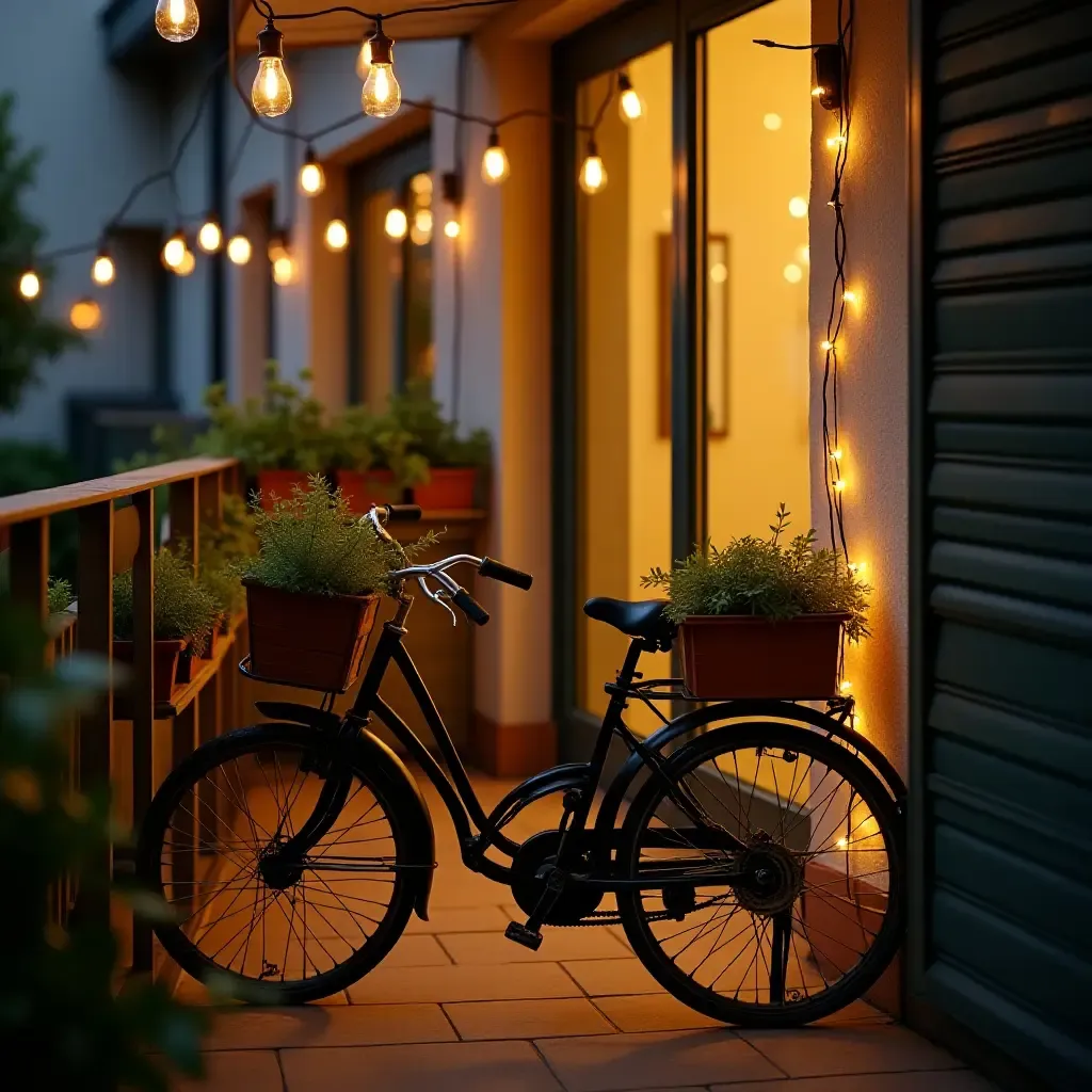 a photo of a balcony with a vintage bicycle planter and fairy lights