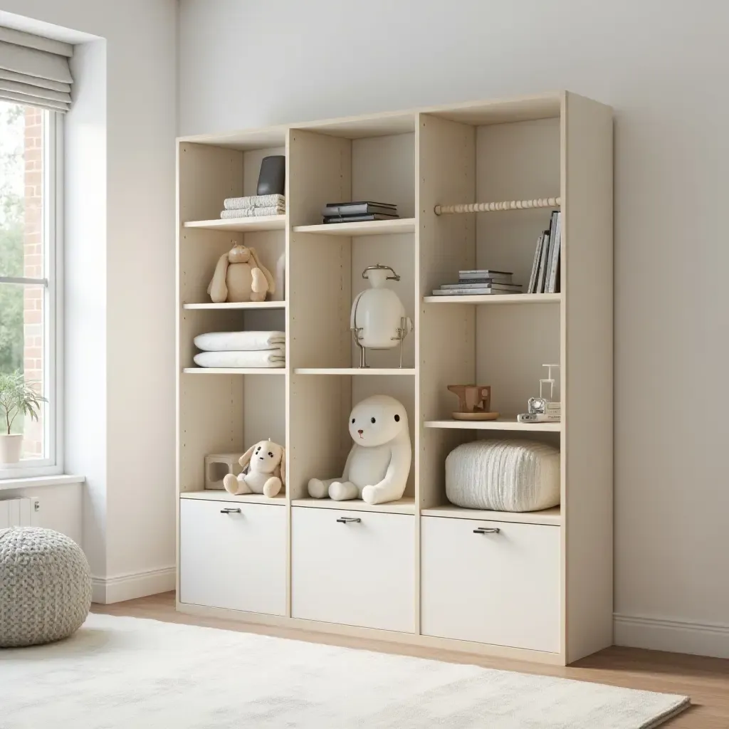 a photo of a nursery shelving unit with modular components for customization