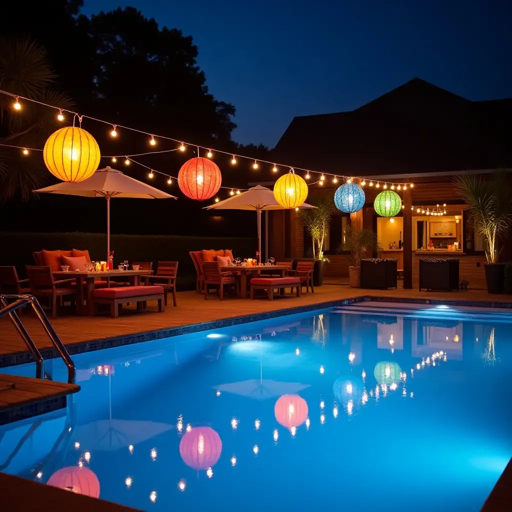 a photo of a festive pool party with colorful pendant lights