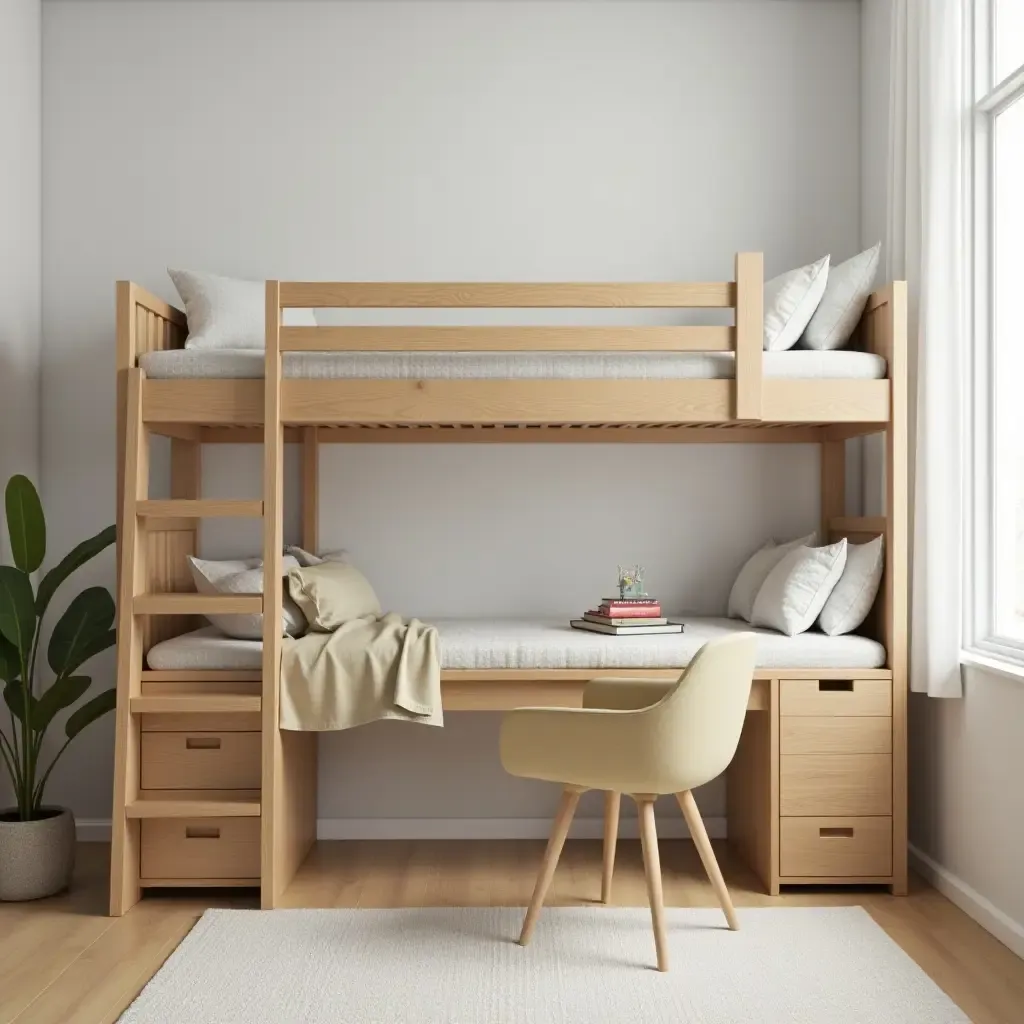 a photo of a lofted bunk bed with a desk underneath