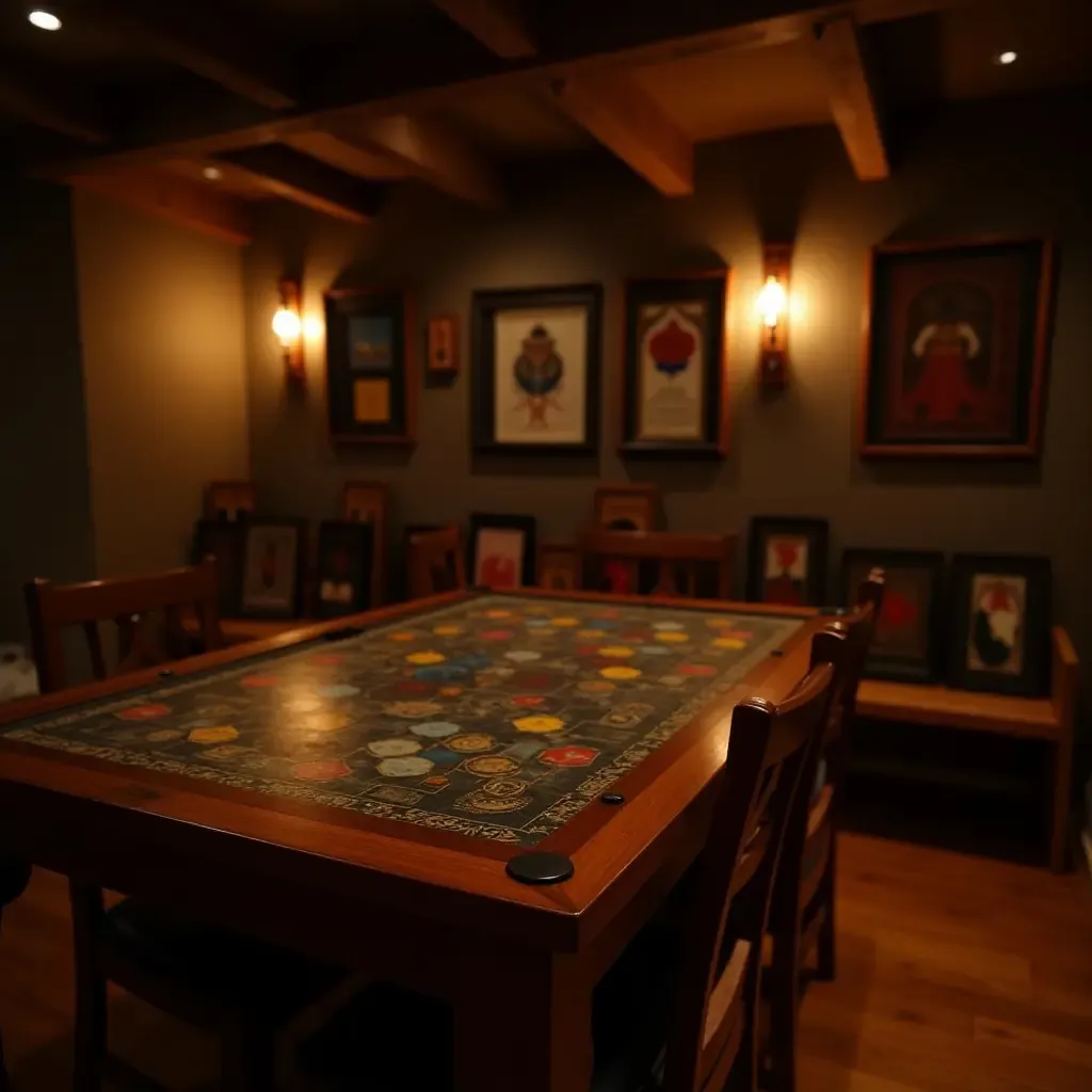 a photo of a warm basement game area with board games and soft lighting