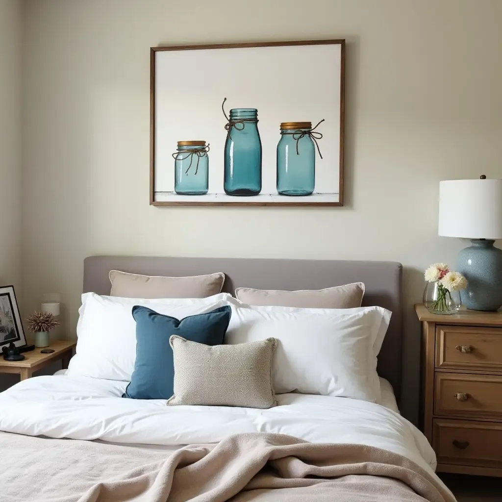 a photo of a bedroom featuring painted mason jars as decor