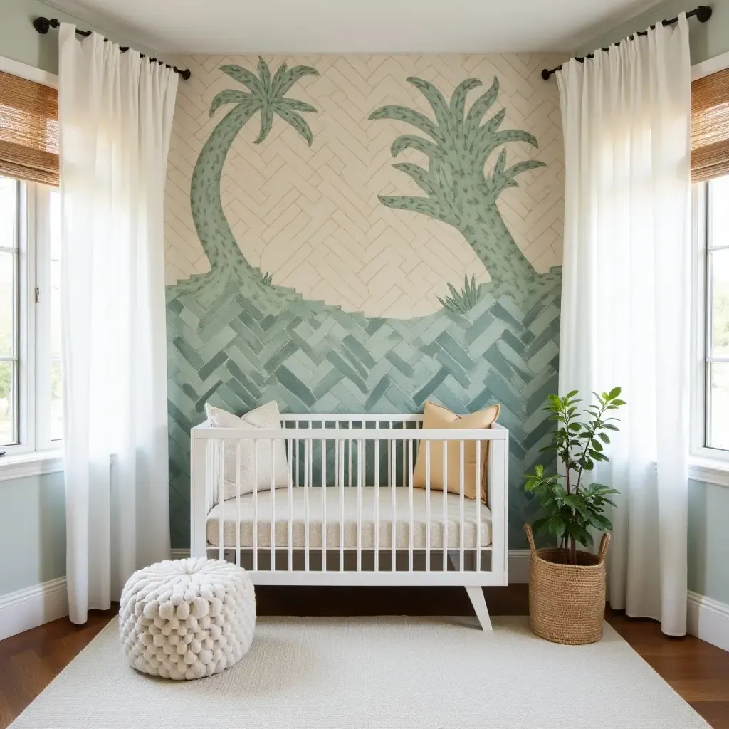 a photo of a nursery featuring hand-painted Mediterranean tiles as a focal point