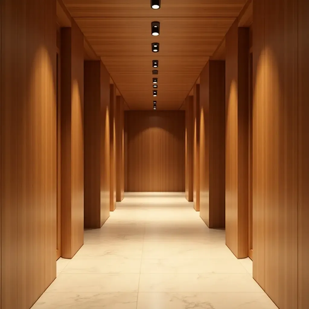 a photo of a corridor with wooden accents and warm colors