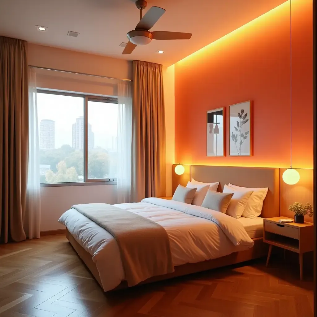 a photo of a shared bedroom with a vibrant color scheme and adjustable lighting