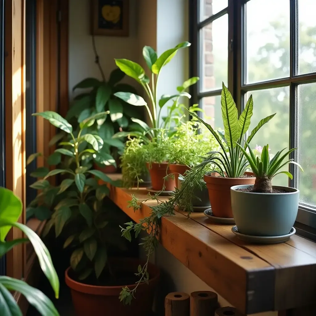 a photo of a balcony with a wooden shelf displaying plants