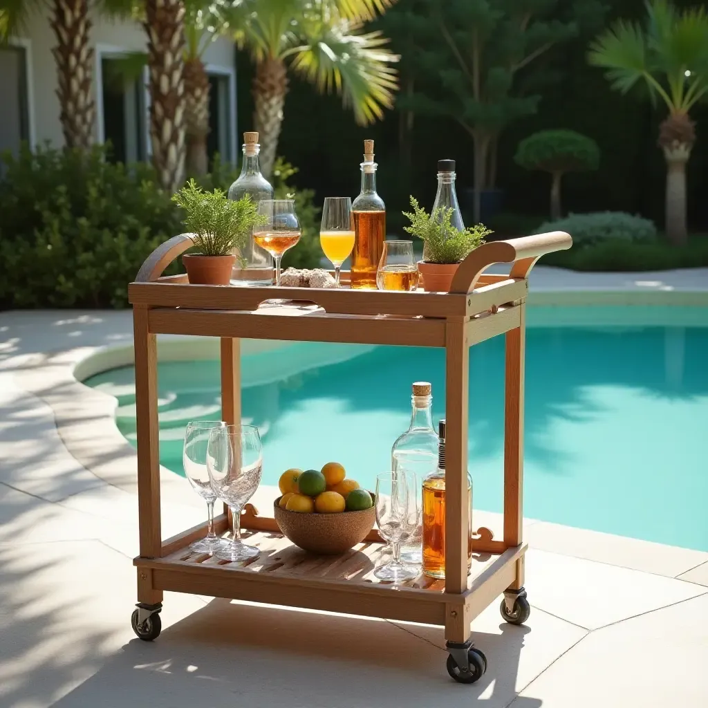 a photo of a Mediterranean-inspired bar cart beside the pool