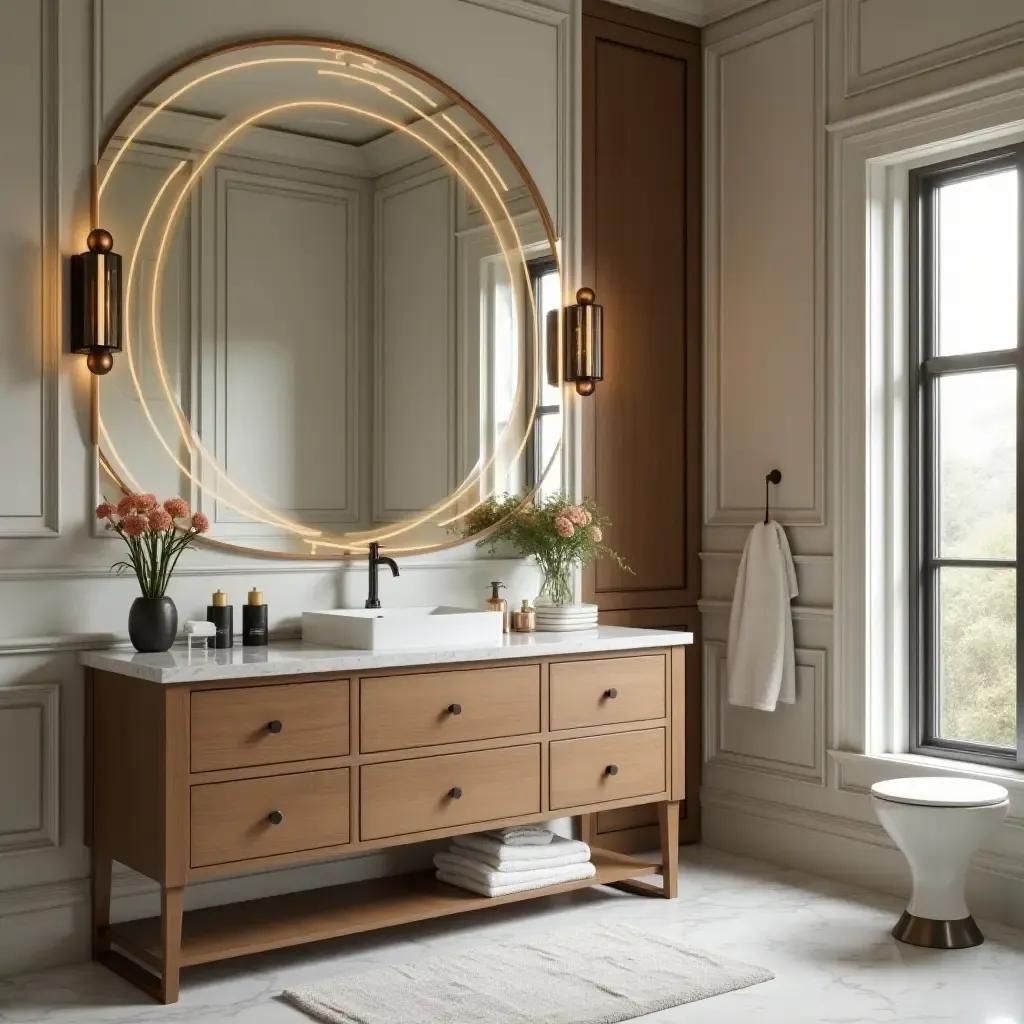 a photo of a welcoming vanity area with a blend of modern and traditional design