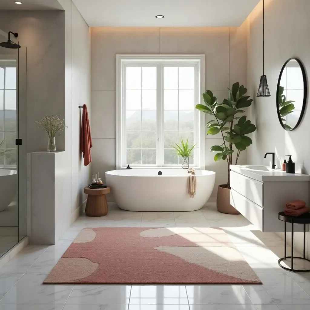 a photo of a stylish abstract rug in a chic bathroom