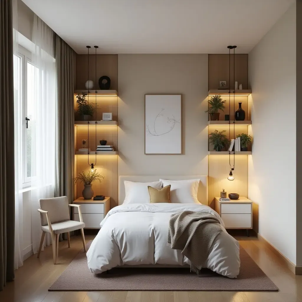 a photo of a stylish small bedroom with wall-mounted shelves