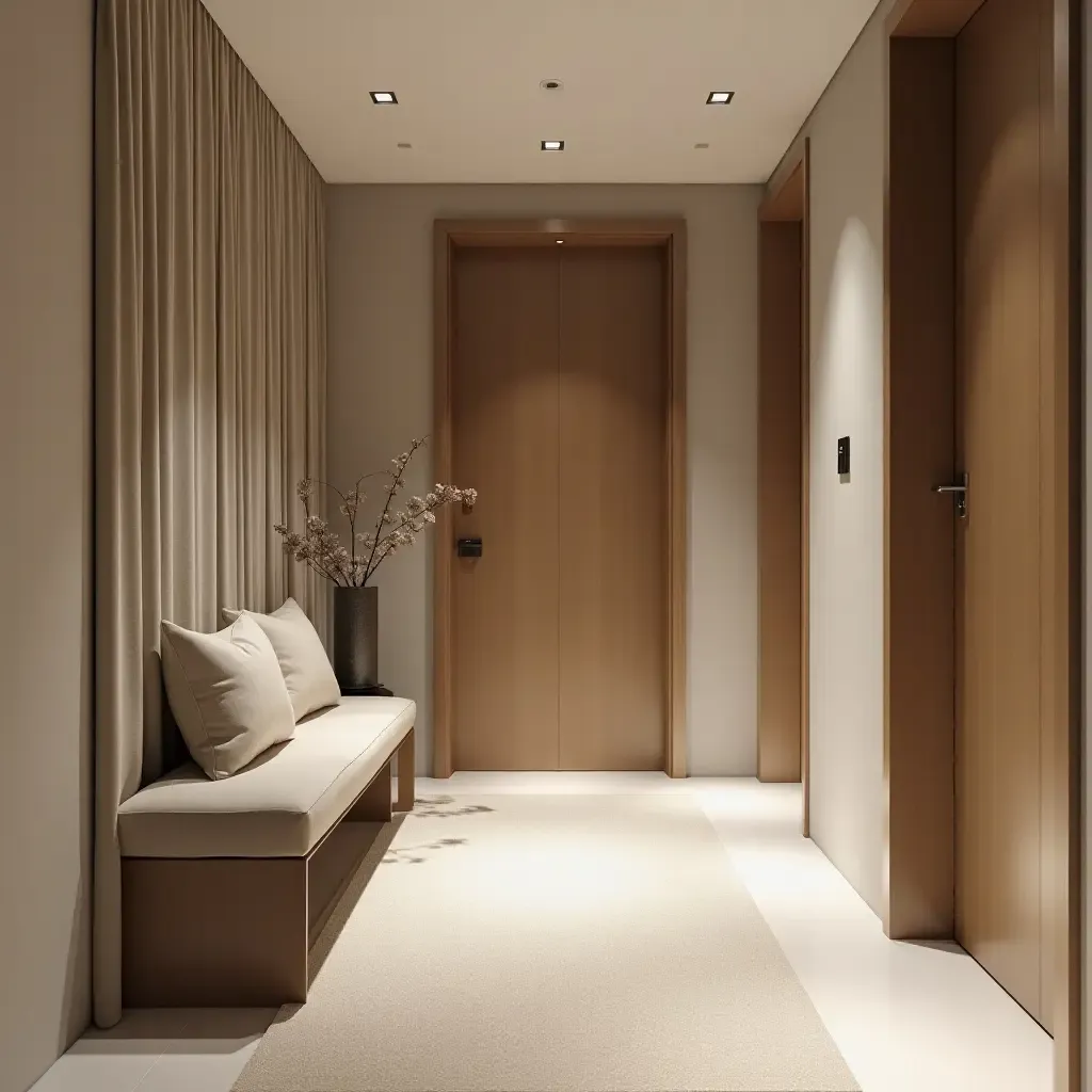 a photo of a minimalist entrance hall with subtle fabric, polished wood, and brushed metal