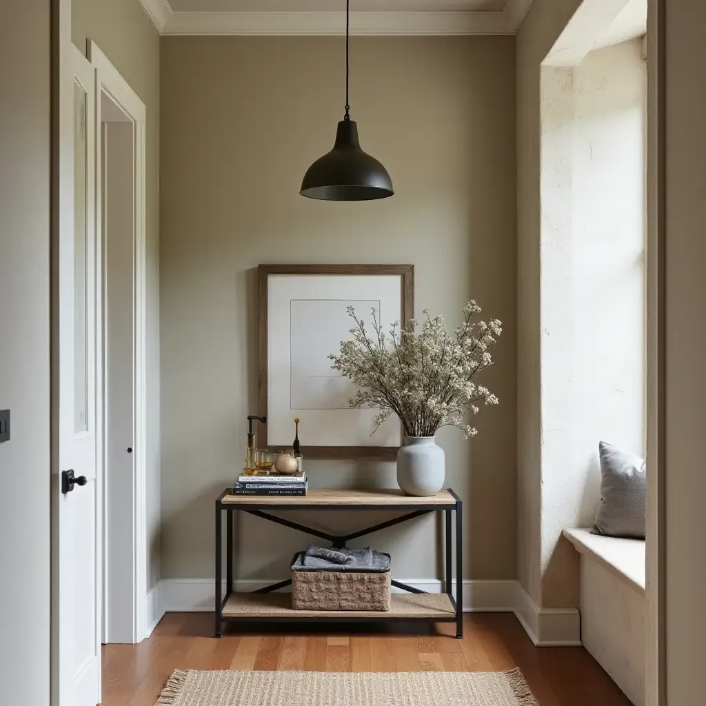 a photo of a rustic hallway featuring a wood and metal accent table