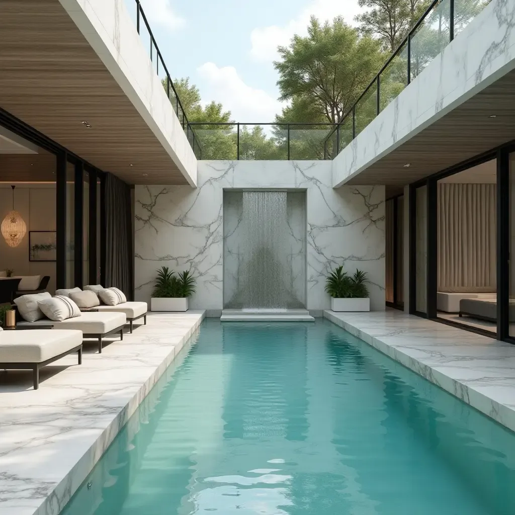 a photo of a tranquil marble pool area featuring a waterfall, stylish decor, and cozy seating