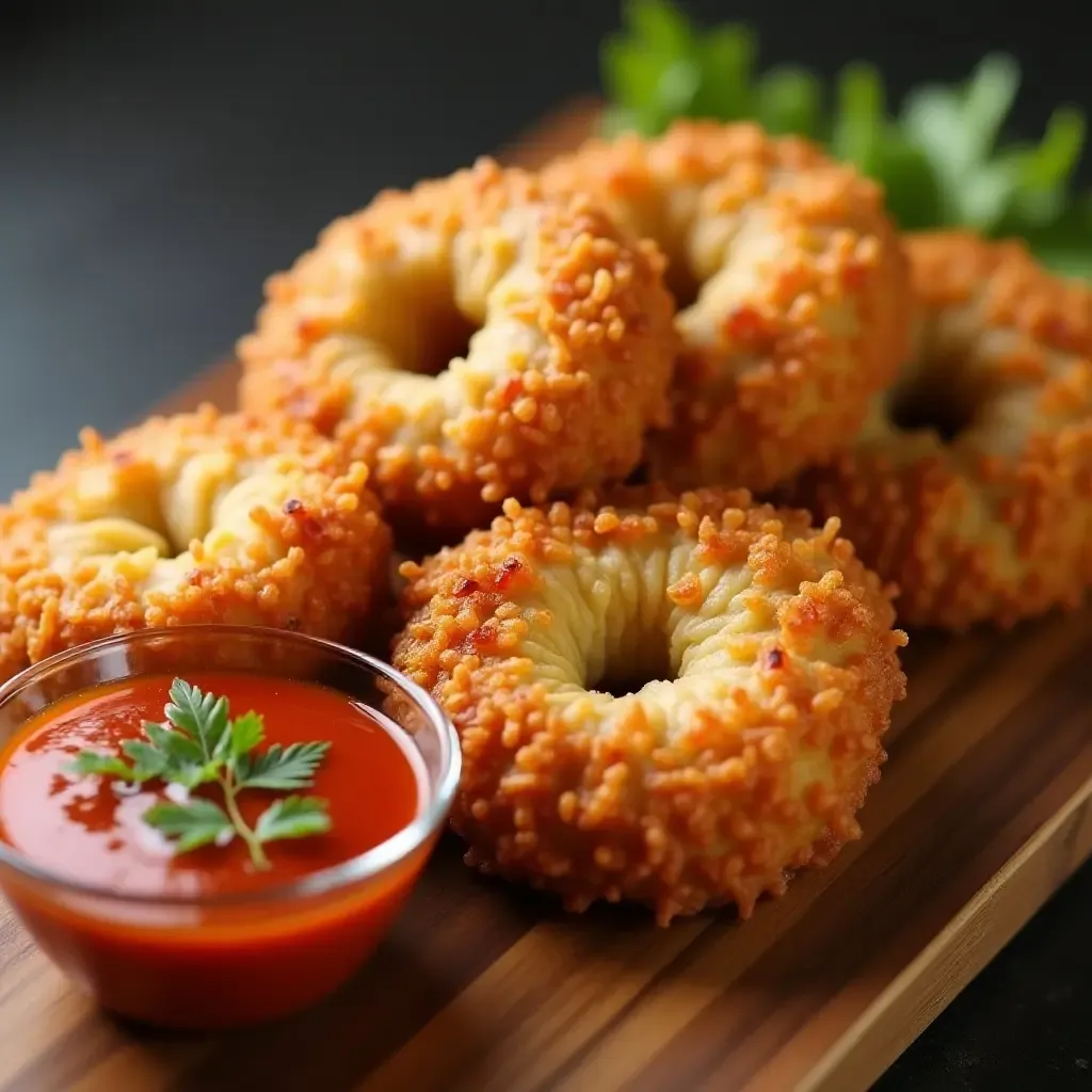 a photo of crispy Thai fish cakes with vibrant dipping sauce on a wooden platter