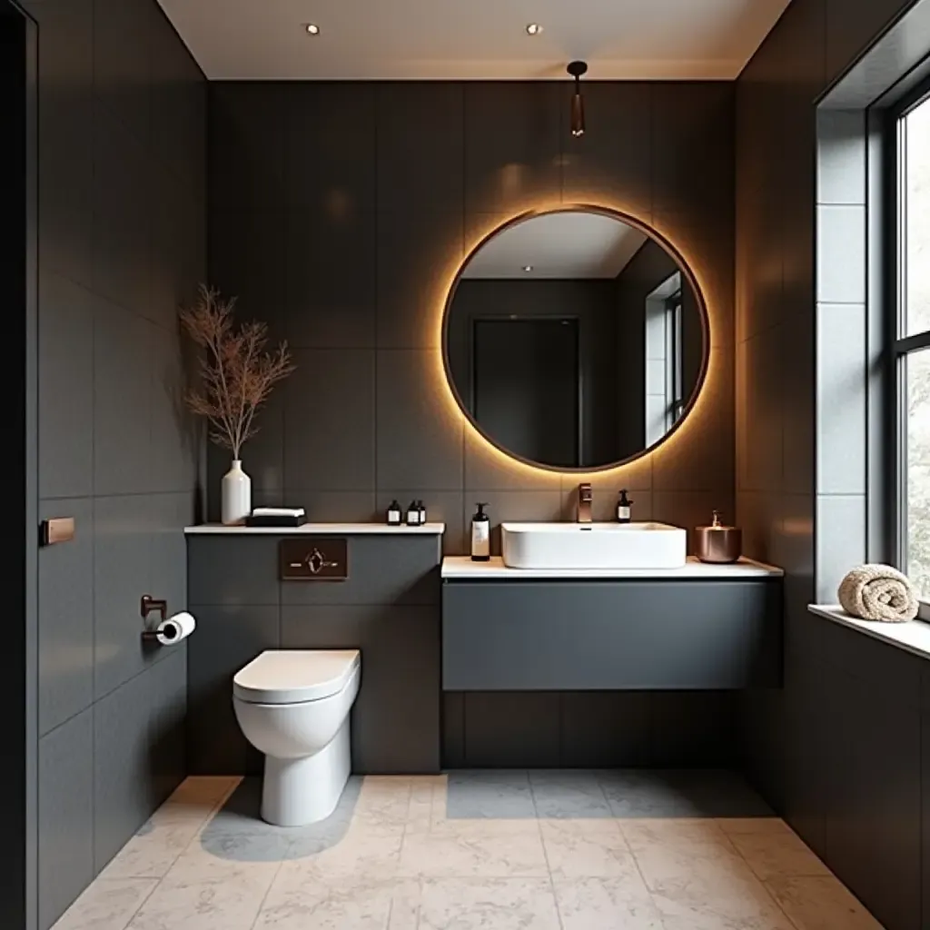 a photo of a sophisticated charcoal and rose gold bathroom with elegant touches