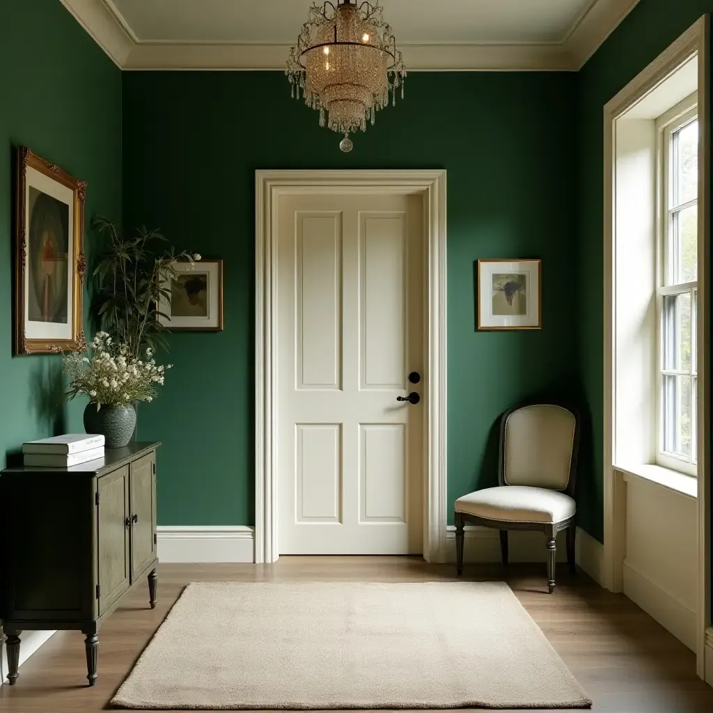 a photo of a rich emerald green and cream entrance hall with vintage touches