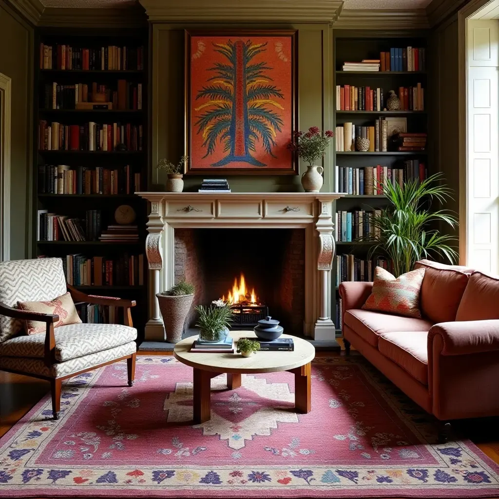 a photo of an eclectic mix of rugs layered in a bohemian-inspired library