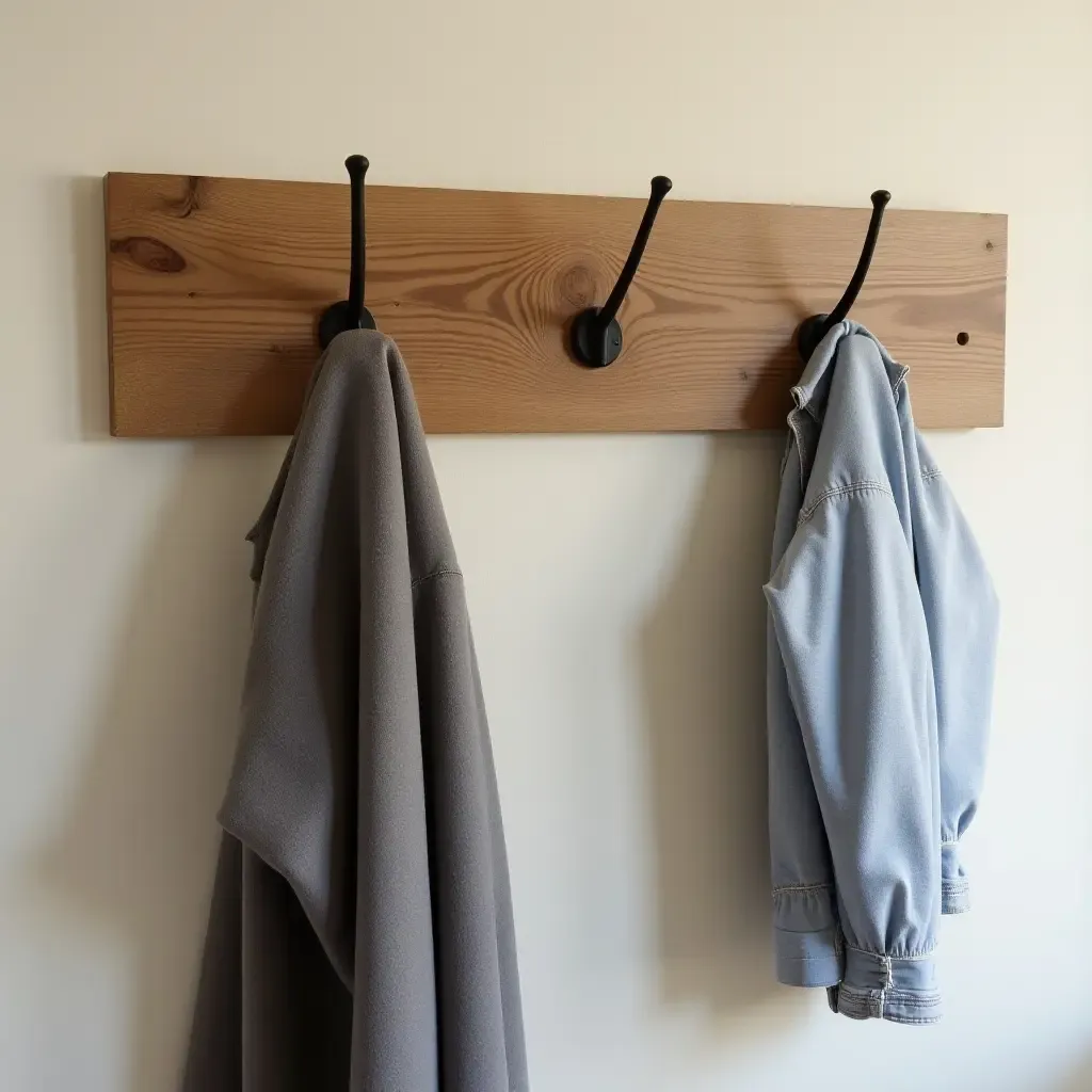 a photo of a wooden accent wall with hooks for coats