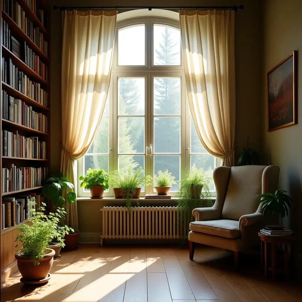 a photo of a sun-drenched library with sheer curtains and potted herbs