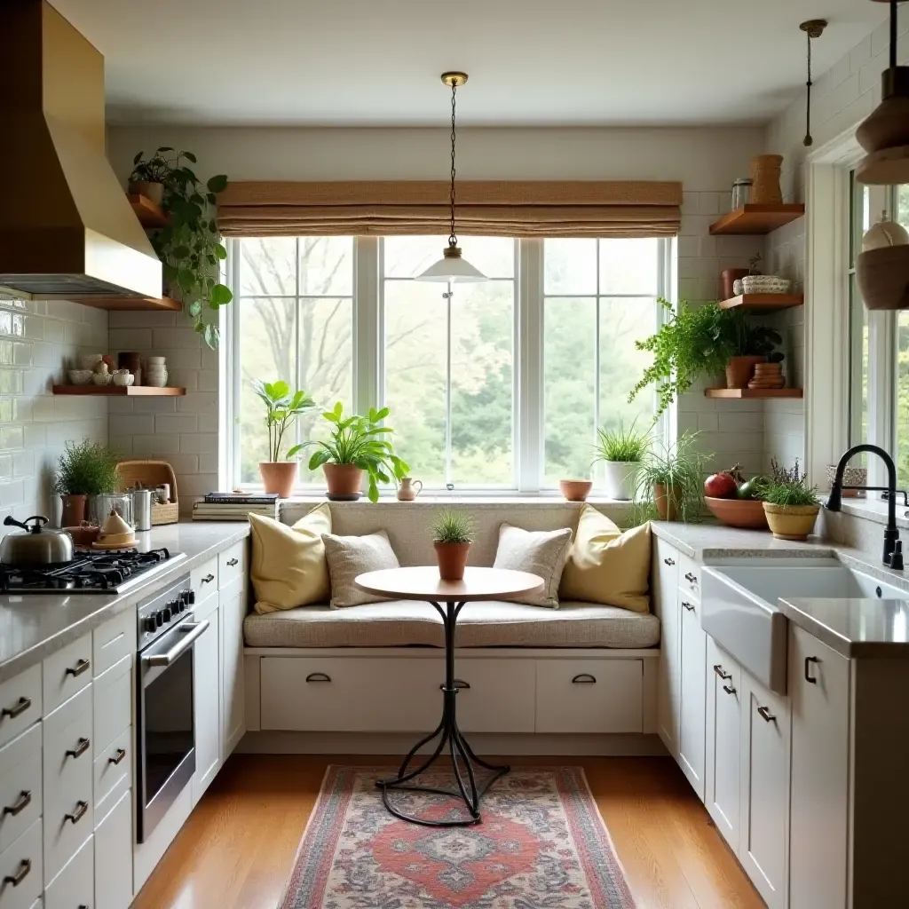 a photo of an inviting boho kitchen with a breakfast nook and greenery