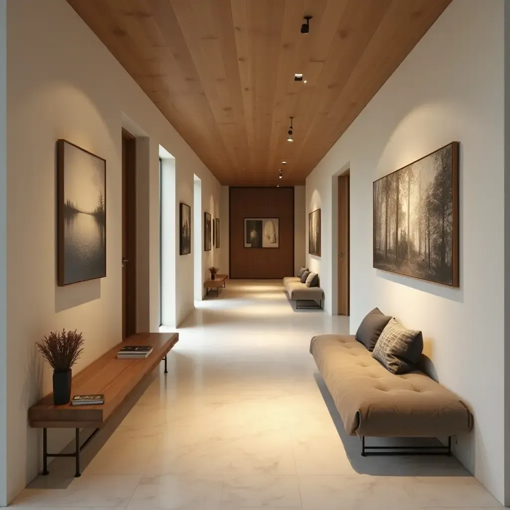 a photo of a narrow corridor with a gallery wall and seating area